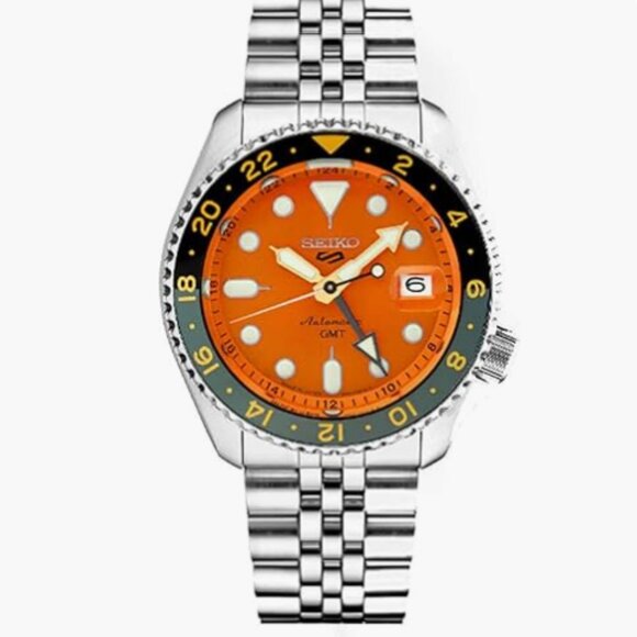 SEIKO 5 SPORTS MEN'S SSK005 AUTOMATIC ORANGE DIAL GMT STAINLESS WATCH - Picture 1 of 7